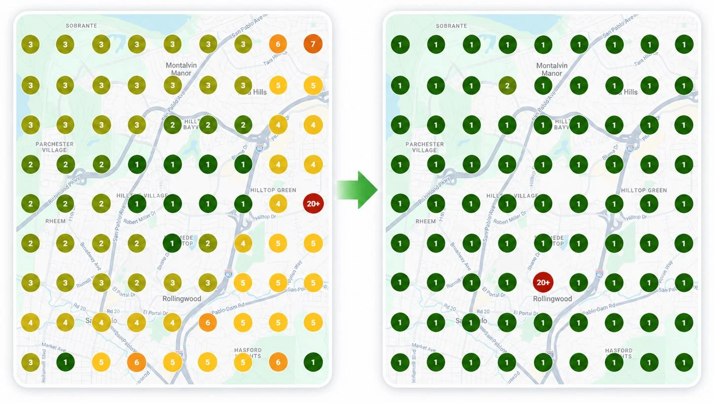 Green Remedy local search ranking grid before and after for Richmond dispensary