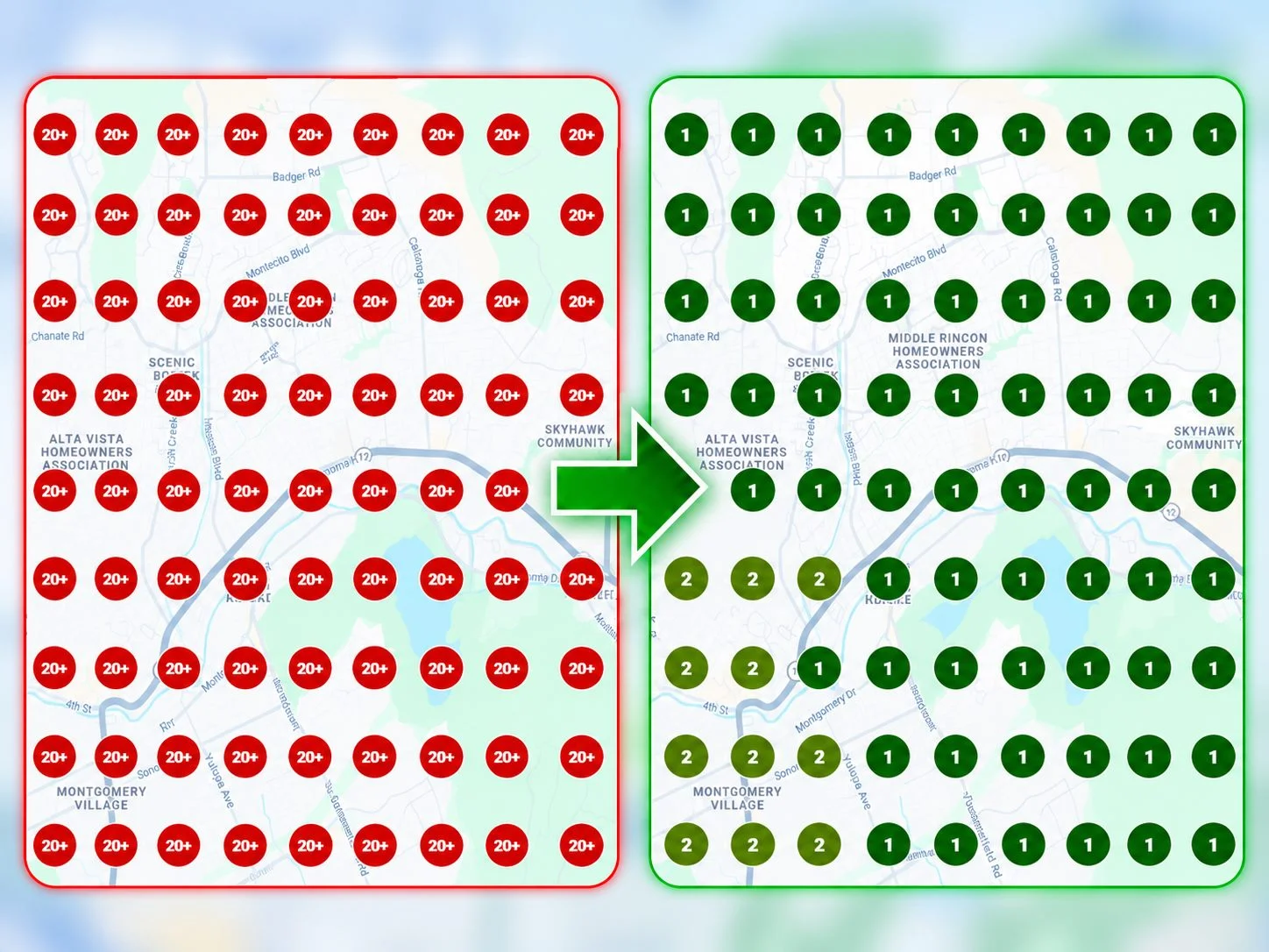Kolas local search ranking grid before and after for cannabis dispensary in sacramento