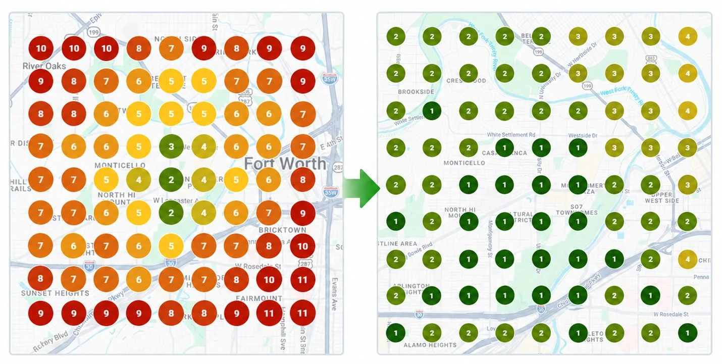 Natural Buds local search ranking grid before and after for cannabis store Fort Worth
