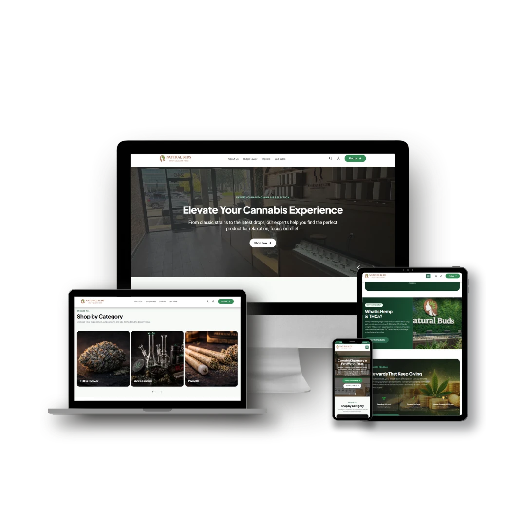 Natural Buds website on desktop, laptop, tablet and phone