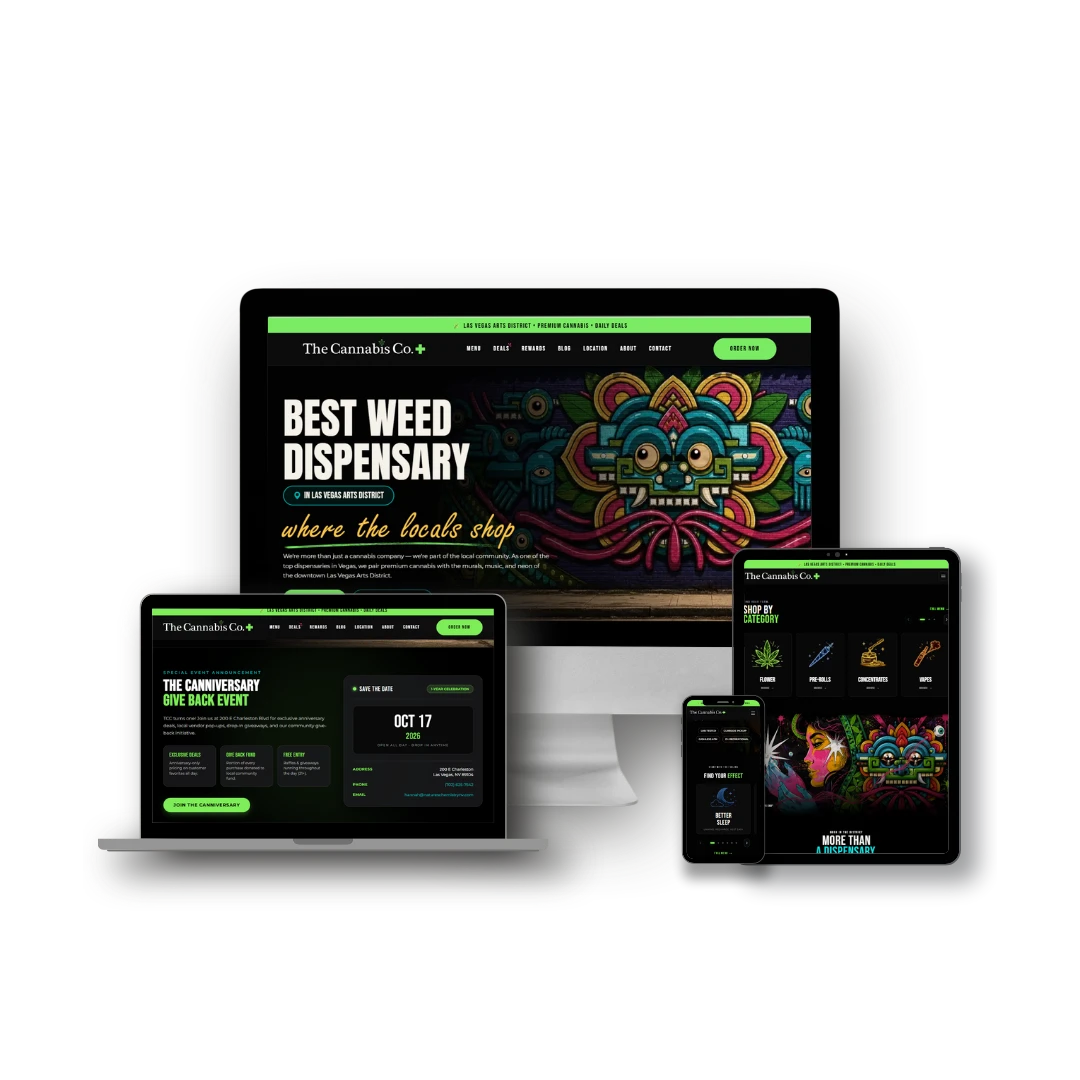 The Cannabis Co. website on desktop, laptop, tablet and phone